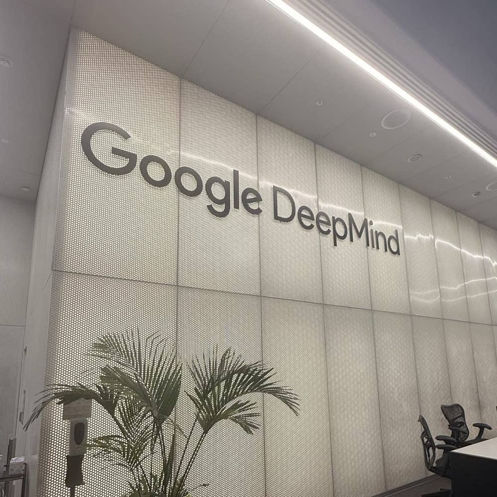 The words “Google DeepMind” on the wall of the reception area of the London office.