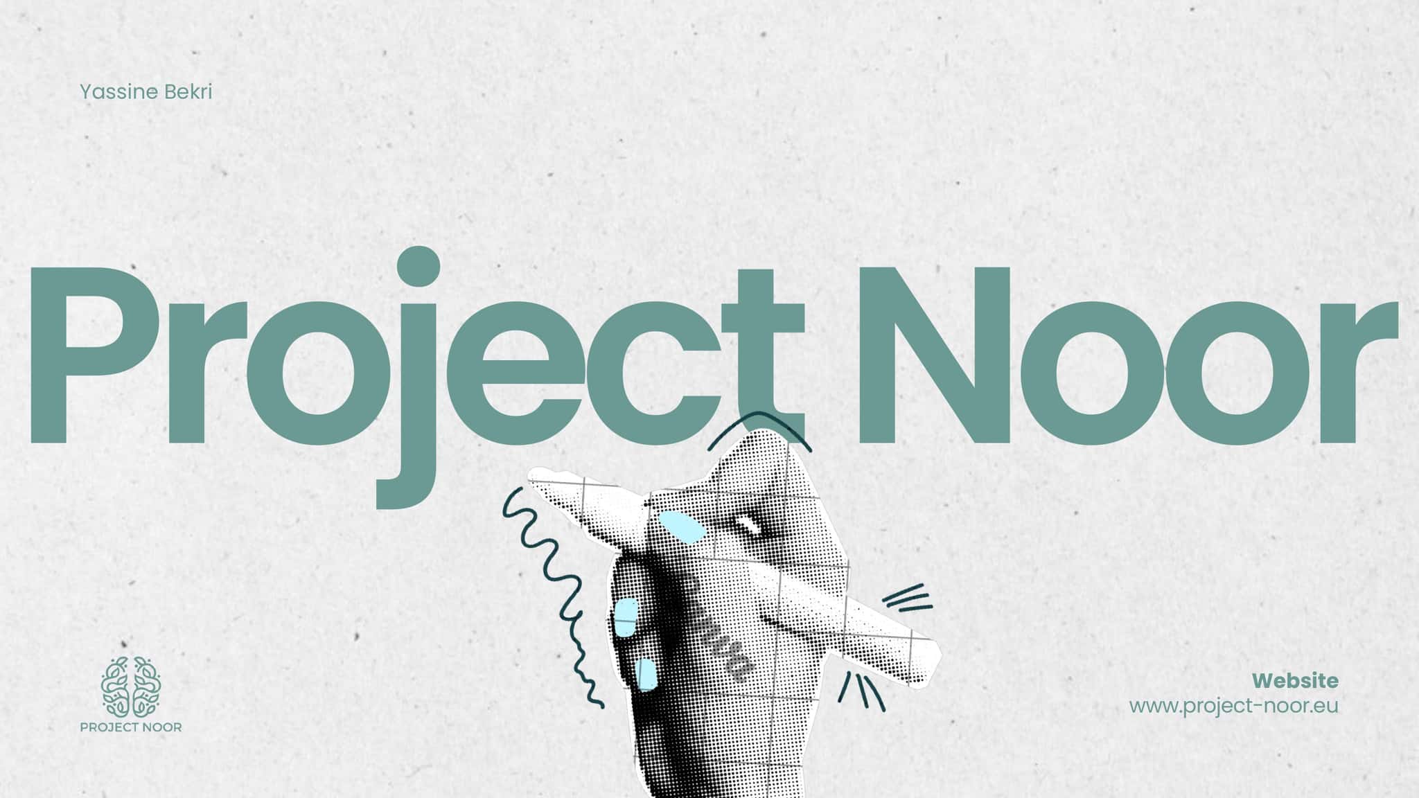 Slide 1: title slide, “Project Noor” set large, beside a line drawing of a hand holding a pen; wordmark bottom left, website address bottom right.
